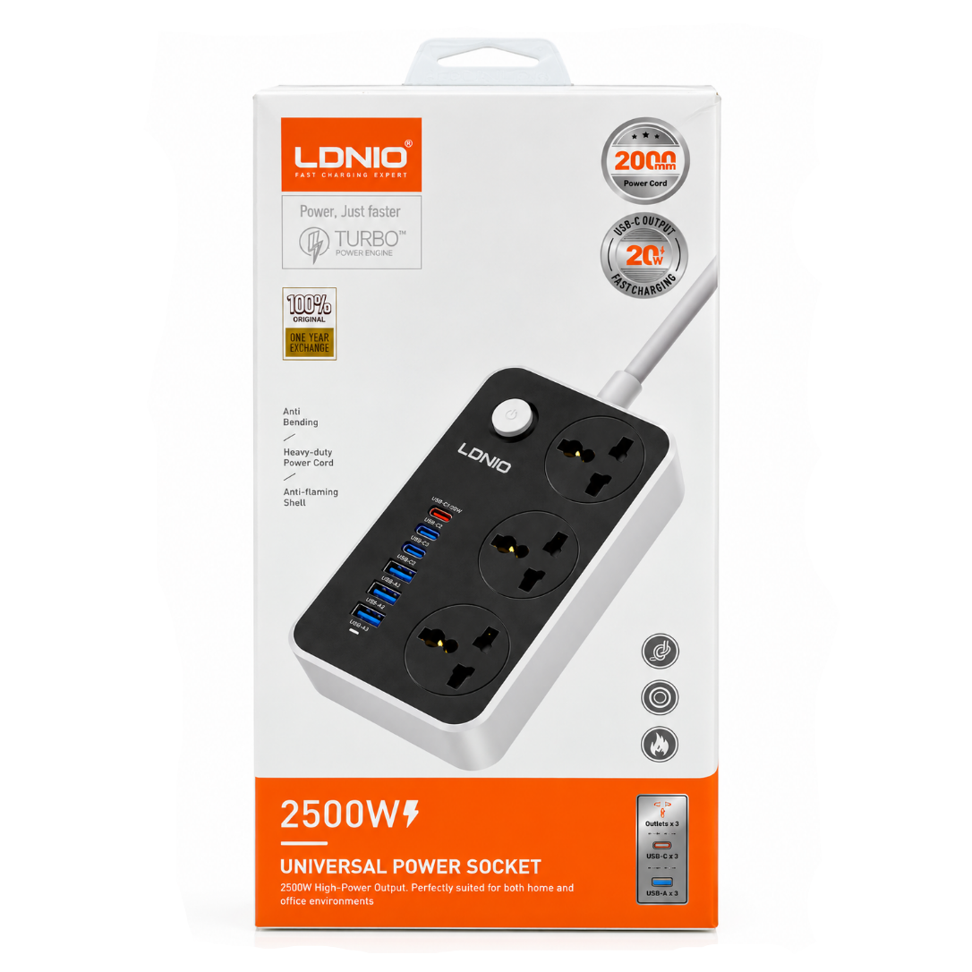 LDNIO 2500W Universal Power Socket Extension with USB Fast Charging