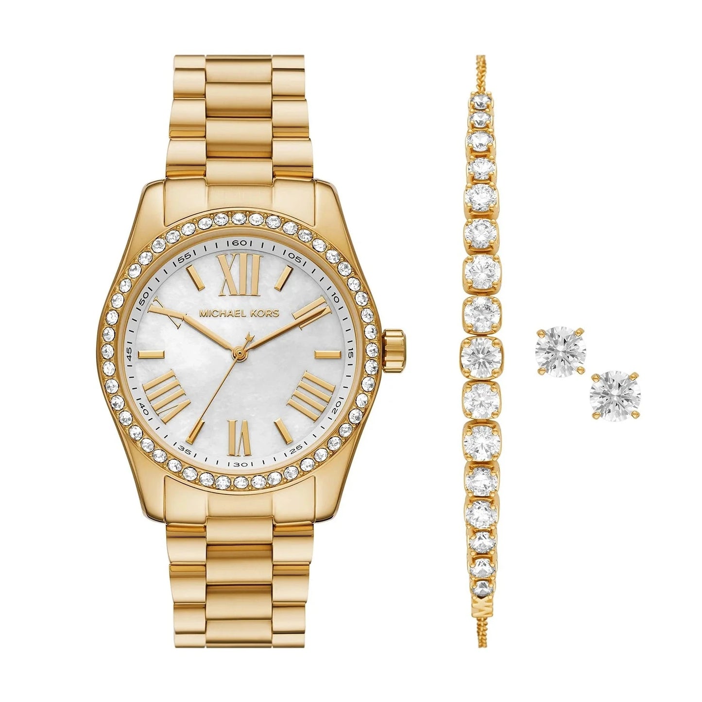MICHAEL KORS LEXINGTON THREE-HAND GOLD-TONE STAINLESS STEEL WATCH AND JEWELRY GIFT SET - MK1079SET