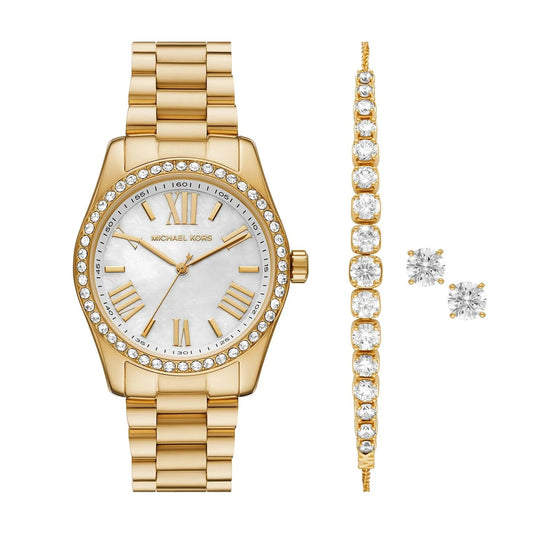 MICHAEL KORS LEXINGTON THREE-HAND GOLD-TONE STAINLESS STEEL WATCH AND JEWELRY GIFT SET - MK1079SET