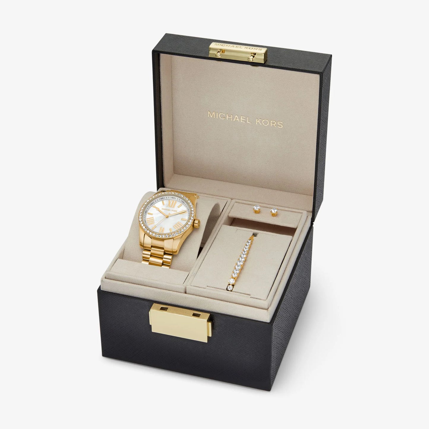 MICHAEL KORS LEXINGTON THREE-HAND GOLD-TONE STAINLESS STEEL WATCH AND JEWELRY GIFT SET - MK1079SET