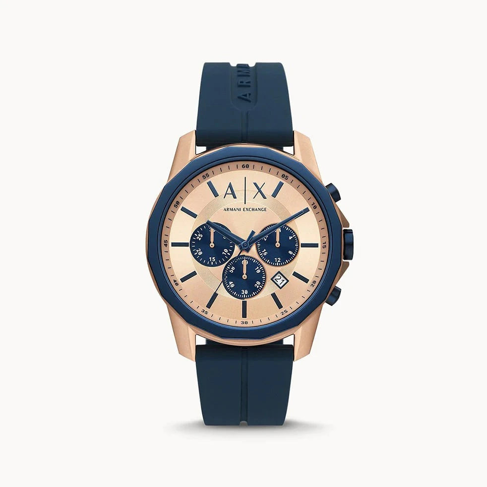 ARMANI EXCHANGE MENS CHRONOGRAPH BLUE SILICONE ROSE GOLD DIAL