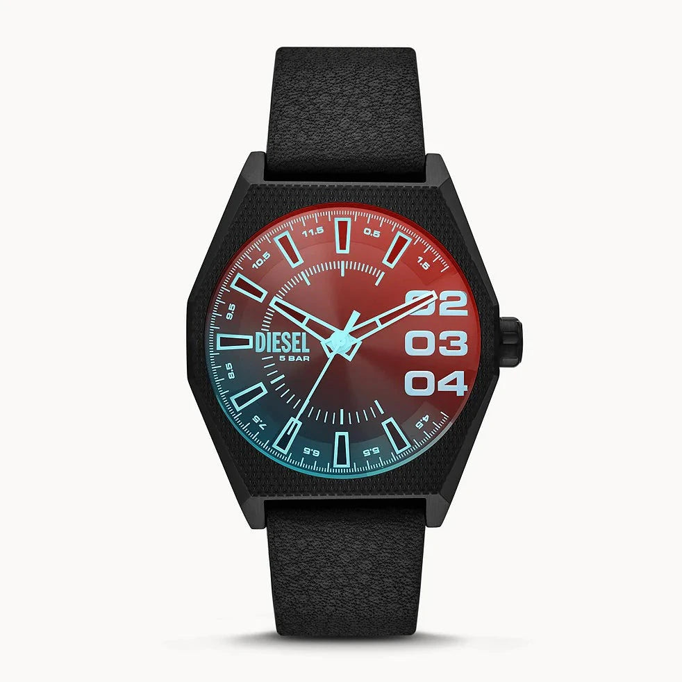 DIESEL SCRAPER THREE-HAND BLACK LEATHER WATCH - DZ2175