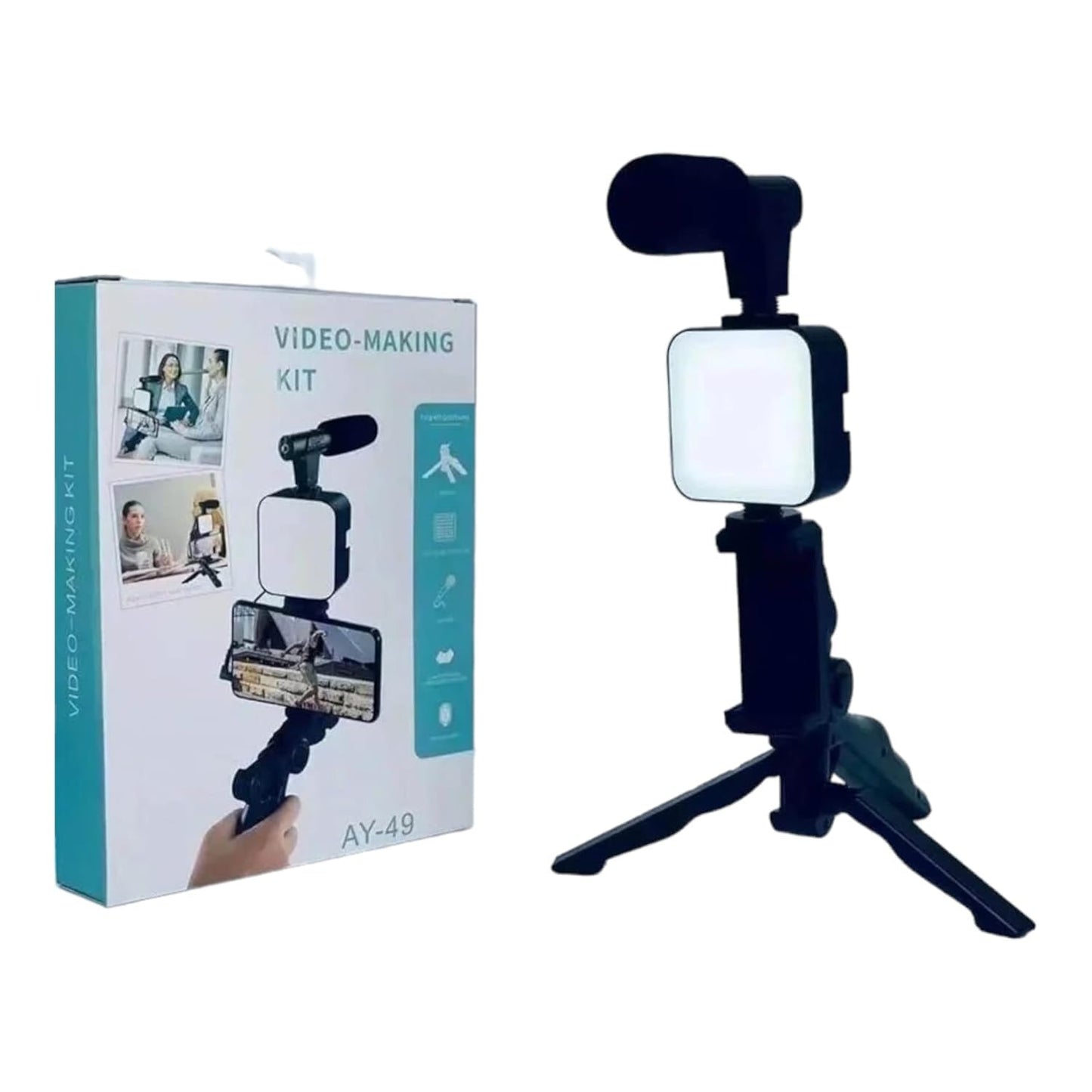 AY-49 Video Making, Vlogging Kit Bluetooth Remote, Mic, Mini Tripod Stand, LED Light & Phone Holder Clip