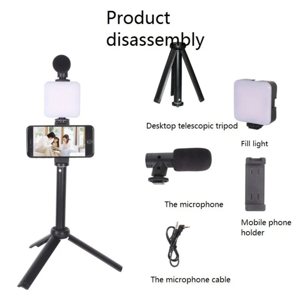 Flexible Phone Tripod with Microphone Filling Light Selfie Vlogging Kit AY-49T