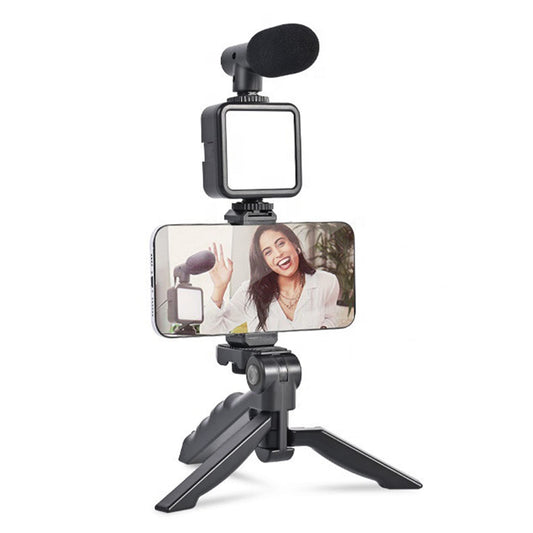 AY-49 Video Making, Vlogging Kit Bluetooth Remote, Mic, Mini Tripod Stand, LED Light & Phone Holder Clip