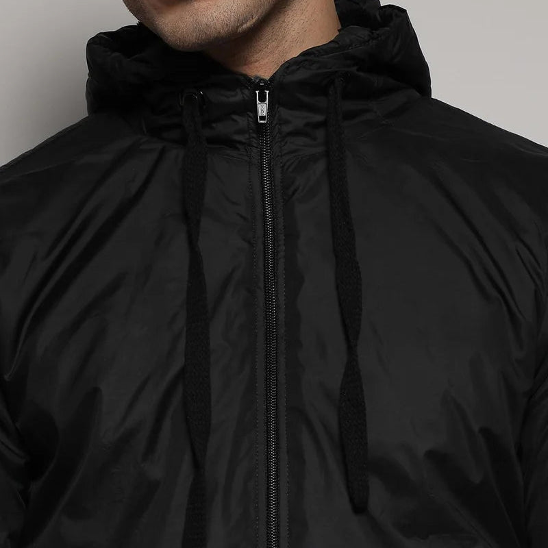 Campus Sutra Mens Black Zip Front Jacket With Ribbed Hem