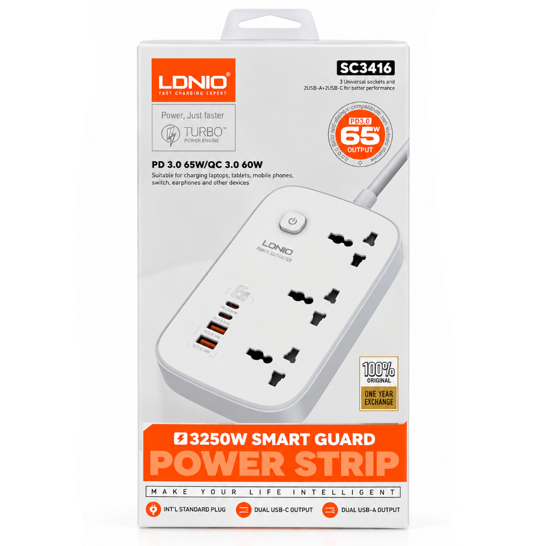 LDNIO SC3416 3250W Smart Guard Power Strip with 65W USB-C Fast Charging