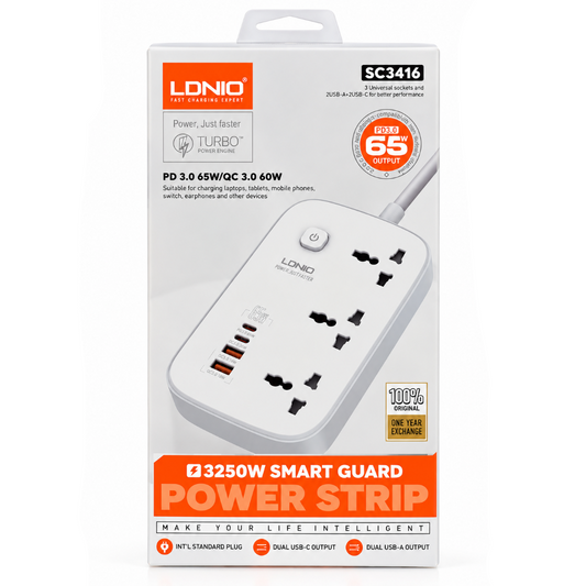 LDNIO SC3416 3250W Smart Guard Power Strip with 65W USB-C Fast Charging