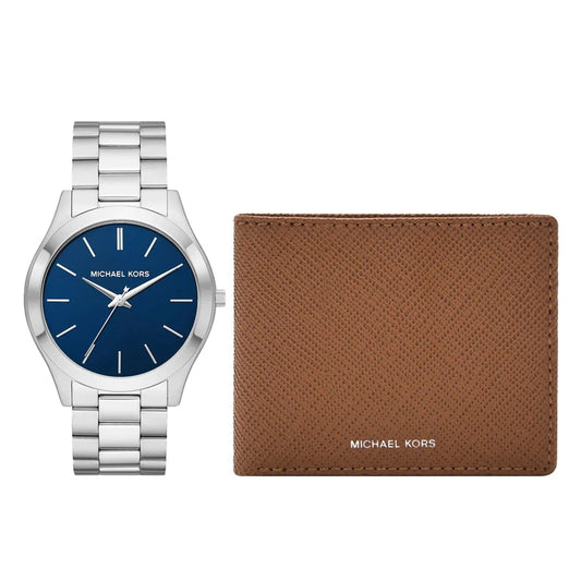 MICHAEL KORS SLIM RUNWAY MEN'S THREE-HAND STAINLESS STEEL WATCH AND LUGGAGE SAFFIANO LEATHER WALLET SET - MK1060SET